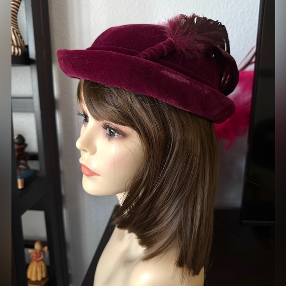 Madcaps Burgundy Velvet Hat with Feather Plume - Picture 2 of 10